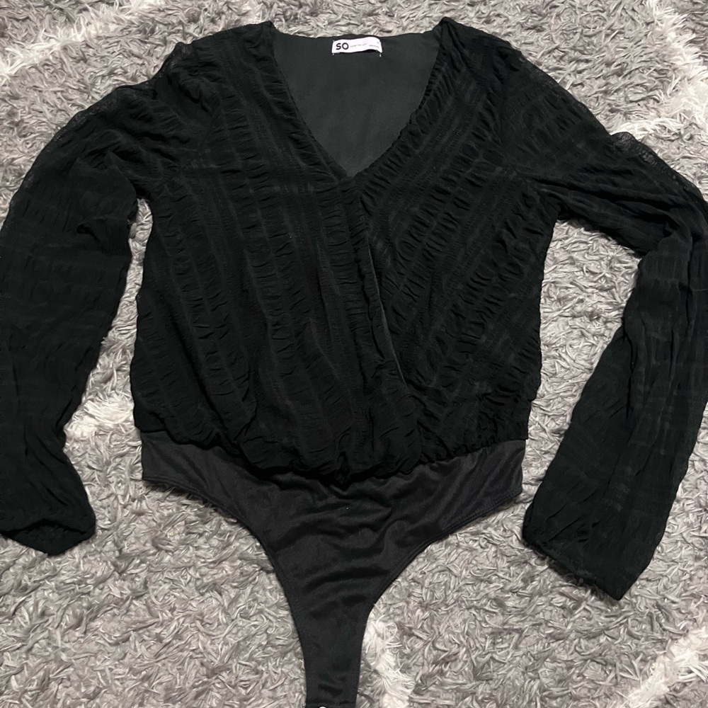 SO Black Long-Sleeve V-Neck Textured One-Piece Bodysuit